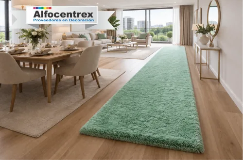 camino alfombra tejido recortado verde menta sala comedor moderno apartamento